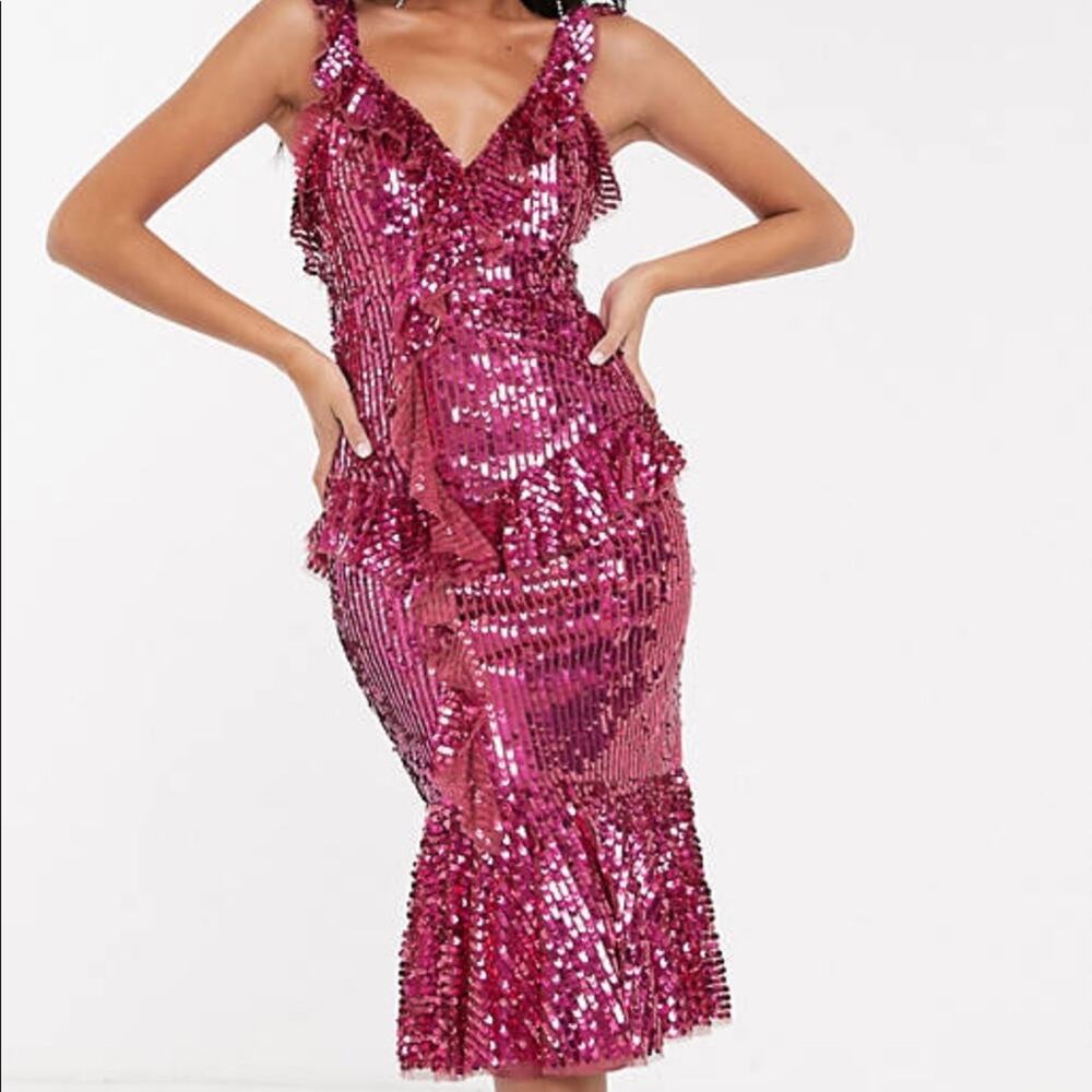 NWT Needle & Thread Berry Raspberry Sequin MIDI Dress 0 - Picture 3 of 12